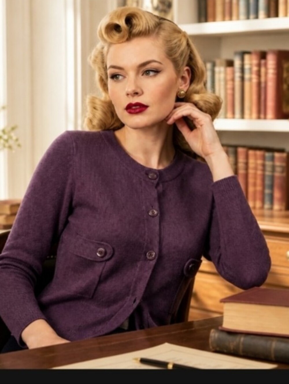 Banana Republic Plum Button-Up Crewneck Cardigan